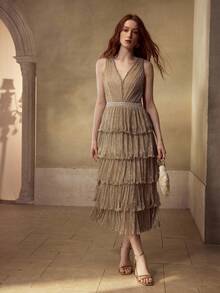 MOTF PREMIUM WOMEN'S V-NECK COCKTAIL PARTY TIERED LAYER DRESS