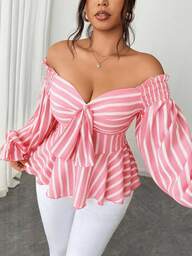 Elenzga Plus Size Off-Shoulder Long Sleeve Casual Vacation Blouse