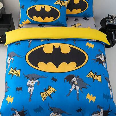 BATMAN X SHEIN 3pcs Blue Bat Cartoon Pattern Quilt Cover Set, Sanded Material, Soft And Warm, Multiple Sizes, Suitable For Single Bed/Double Bed/Queen Bed/King Bed
