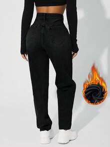 SHEIN PETITE 高腰保暖内衬休闲牛仔裤，适合秋冬季穿着 - 黑色 - 查看 2