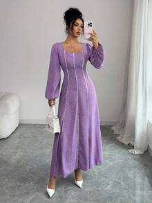 Modelyn 女式优雅碎花灯笼袖阿拉伯风格连衣裙 - 紫色 - 查看 5