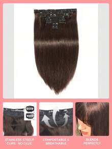 SMART&MATCH 8Pcs Dark Brown Clip In Hair Extensions With 1 Pc Clip In Hair Extensions Remy Human Hair Clip In Extensions Natural Black Straight Virgin Human Hair Extensions Double Weft Hair Weaves - S2 - View 5