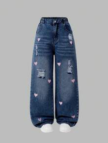 SHEIN Tween Girl Y2K 复古做旧宽松心形刺绣阔腿牛仔裤，适合日常休闲穿着、学校、通勤、聚会、返校季，2025 年秋冬 - 深色水洗藍 - 查看 3