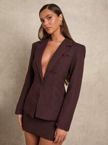 SHEIN Glamour Glamour Women's Brown Waist Notch Collar Suit Jacket With Simple Pencil Skirt Suit, Women's Elegant Commuter Versatile Brown Office Suit, Women's Brown Suit, Women's Skirt Suit Women At Work Vintage Two-Piece Settrendy Basic Retro Chic Minimalist Style Long Sleeve Top Girly Cool Fit Style Affordable Fashion Women Suit
