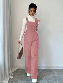 SHEIN LUNE Women's Solid Color Pleated Wide Leg Bib Overalls In Corduroy, Autumn/Winter - Coral Pink - View 6