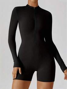 Rovax 女式纯色修身高领长袖连体裤 - 黑色 - 查看 5