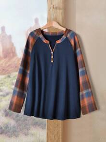 Rusticease Women's Plaid Patchwork V-Neck Long Sleeve Raglan Casual Versatile Blouse Christmas Winter - Multicolor - View 5