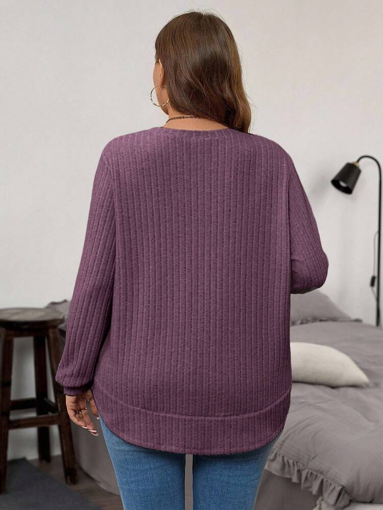 Plus Size Solid Color Crew Neck Ribbed Casual Long Sleeve T-Shirt Plus Size Long Sleeve Top Tops For Women Plus Plus Size Solid Color Ribbed Knit T Shirt Plus Size Casual Tops Plus Size Sweater