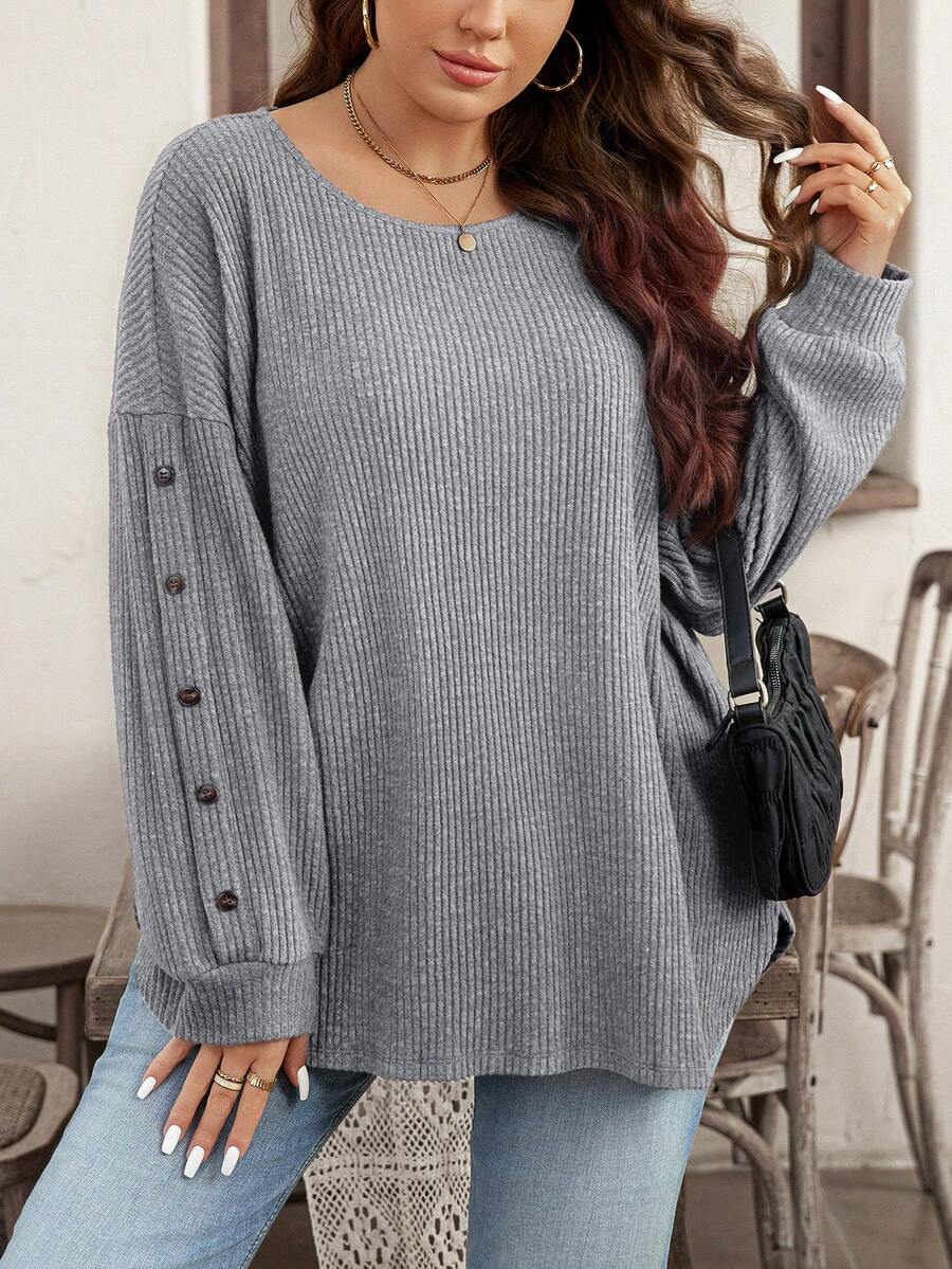 EMERY ROSE Plus Size Casual Ribbed Button Decor Round Neck Drop Shoulder Long Sleeve T-Shirt, Autumn - Blue - View 1