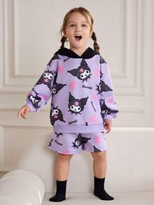 HELLO KITTY AND FRIENDS | SHEIN 2件套年轻女孩可爱卡通全印花拼色连帽衫，带耳朵设计，短裤休闲紫色服装 - 紫色 - 查看 3