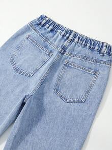 SHEIN Teen Girls' Straight Leg Jeans,Blue Y2K Denim,Summer Sweet 16 Back-To-School,Bow Embroidery Rhinestone Decor Relaxed Fit Cotton Elastic Waistband - Medium Wash - View 5