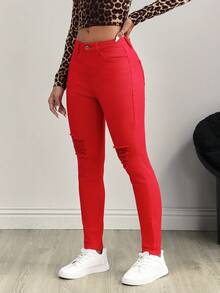 SHEIN Tall Women's Casual Slim Fit Distressed Skinny Jeans, Tall Women - Red - View 3