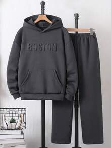 Vacaura 2pcs/Set Teenage Boys Casual Basic Letter Embossed Hoodie Sweatshirt And Relaxed Fit Sweatpants Set, Simple And Refined, Suitable For Autumn Wear Or Layering With Jackets In Winter - Dark Grey - View 5