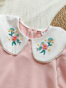 SHEIN Vintaside Kids 女童刺绣彼得潘领长袖公主裙，舒适时尚，适合日常穿着，春秋季 - 粉色 - 查看 8
