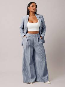 Radiana 女士卡其色条纹西装裤，百搭下装，适合日常外出和办公室通勤，秋冬条纹阔腿裤 - 藏蓝色 - 查看 1