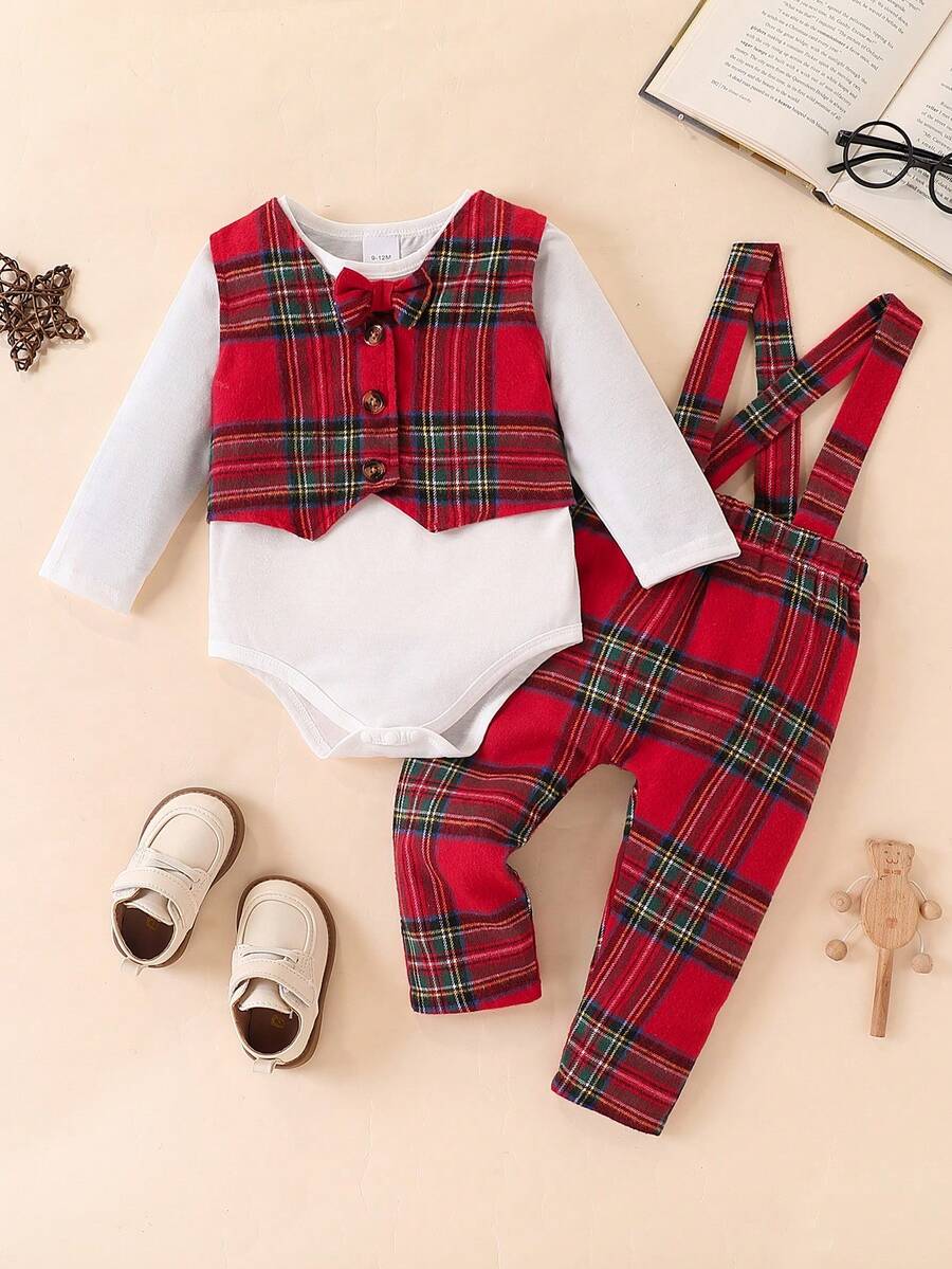 3pcs/Set Baby Boy Bodysuit, Bowknot Collar Long Sleeve Top, Gentleman V-Neck Vest, Plaid Suspender Harem Pants Outfit  Christmas Baby Boy Set  Autumn/Winter  Princess Halloween/Christmas Party  Dresses - Red - View 1