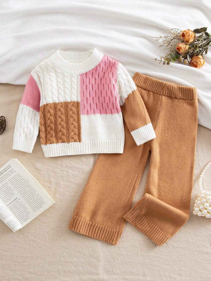 2 piezas Conjunto de suéter de punto de bloques de color y pantalones de punto de cintura elástica para niñas bebés, suéter casual de cuello redondo y cuadrados de colores, cárdigan de punto de moda para exteriores, adecuado para otoño/invierno