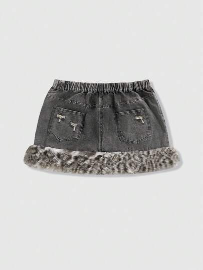 Goth Plus Size Gothic Y2K Leopard Print Vintage Washed Gray Black Denim Mini Skirt, Fluffy Leopard Patchwork Sexy Mini Skirt, Plus Size Women Denim Mini Skirt For Autumn/Winter, Plus Size Women's Denim Skirt For Party, Plus Size Women Clothing