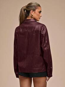SHEIN BAE Women's Fashion Solid Color Drop Shoulder Long Sleeve Zip-Up Jacket - Burgundy - View 2