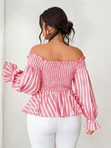 Elenzga 大码露肩长袖休闲度假衬衫 - 藕粉色 - 查看 3