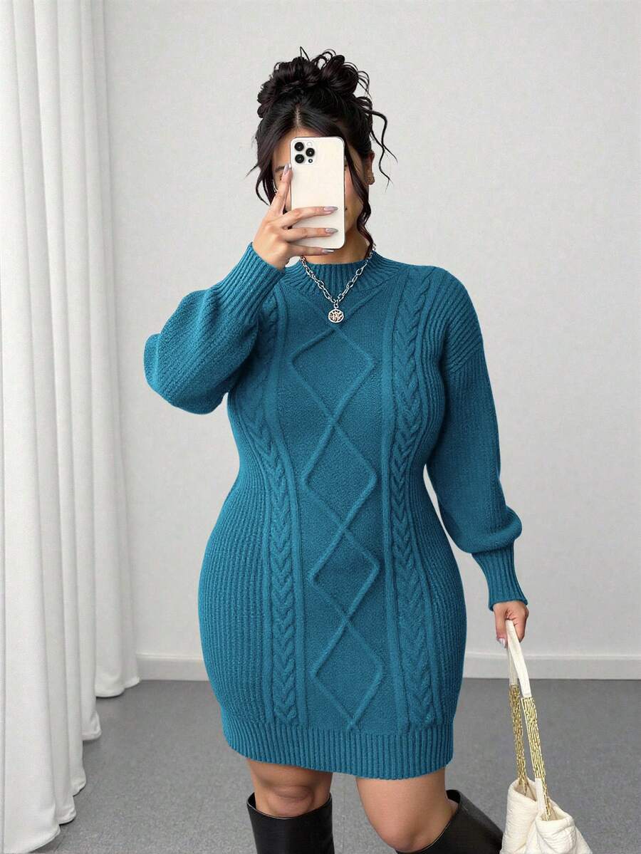 Elenzga Plus Size Solid Color Fitted Knit Dress, Casual For Autumn/Winter - Dusty Blue - View 1