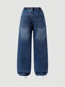 SHEIN Tween Girl Y2K 复古做旧宽松心形刺绣阔腿牛仔裤，适合日常休闲穿着、学校、通勤、聚会、返校季，2025 年秋冬 - 深色水洗藍 - 查看 2