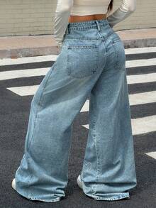 女式宽松心形图案直筒低腰休闲牛仔阔腿裤，蓝色 - 淺色水洗藍 - 查看 2