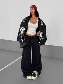 StreetHx Women's Street Casual Y2K Style Embroidered Wide-Leg Jeans - Black - View 5