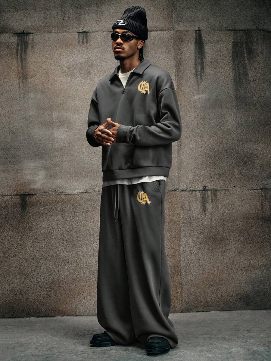 AXEPEAK Casual Street Style Hooded Jacket With Zipper And Elastic Waist Sweatpants, Loose Fit Thermal Lined Men's Tracksuit Set - Dark Grey - View 1