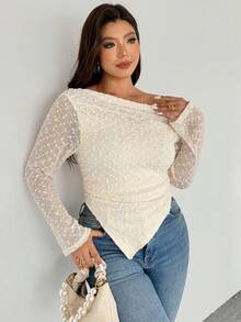Firerie Tee-shirt asymétrique à manches longues avec imprimé tie dye romantique élégant pour femmes grandes tailles - Beige - Voir 4