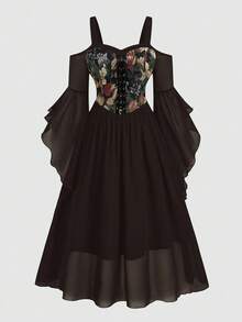 Sweetra 大码提花拼布系带露肩喇叭袖连衣裙 - 咖啡棕 - 查看 1