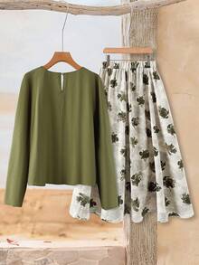 Rusticease Ensemble 2 pièces grande taille pour femmes, chemise verte et jupe à imprimé floral. Tenue décontractée pour les vacances en automne/hiver - Vert - Voir 3