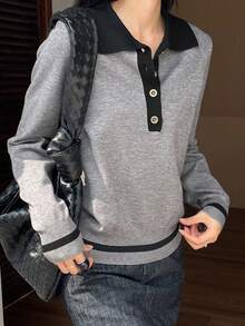 DAZY Women's Contrast Color Pullover Sweater, Elegant Long Sleeve Knit Top - Grey - View 7