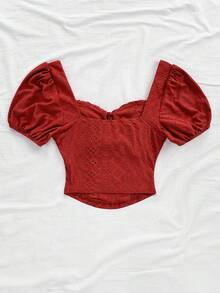 Soleia New Arrival Burgundy Textured Knit Ruched Bust Split Design Women Top,Red Tops For Women - Burgundy - View 2