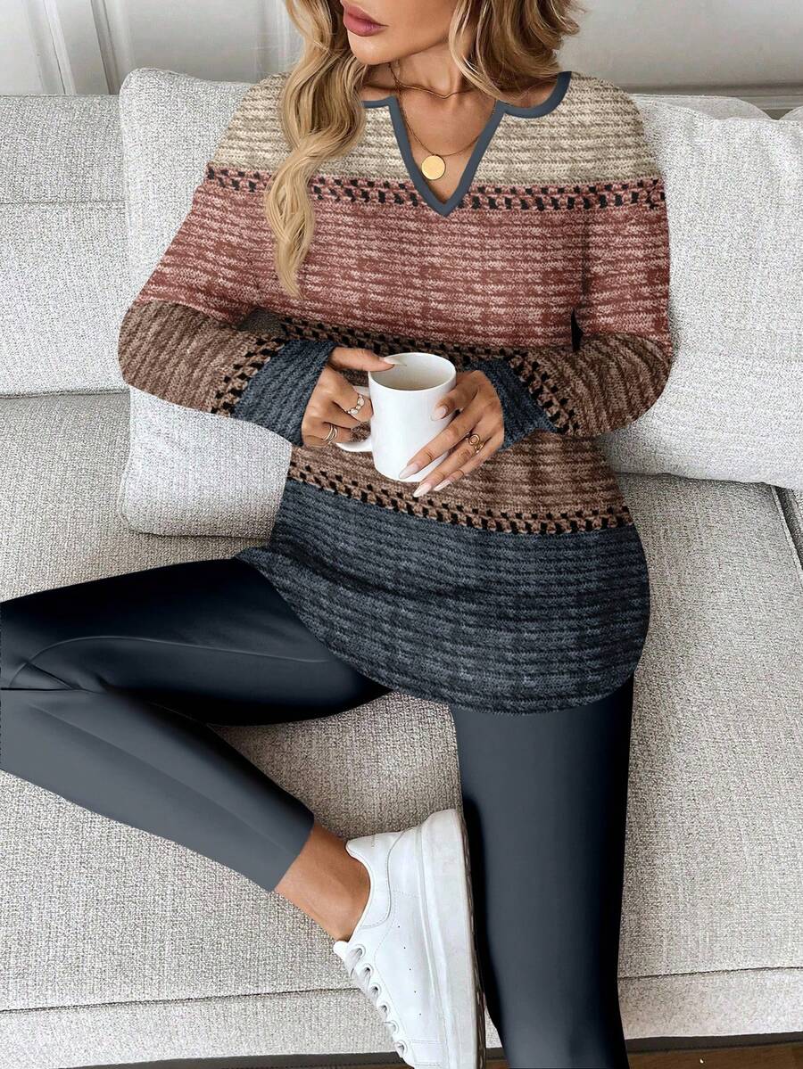 SHEIN LUNE 2pcs Women Autumn/Winter Outfit: Brown & Blue Faux Mechanical Striped Print Long Sleeve T-Shirt And Leggings, Suitable For Casual Wear