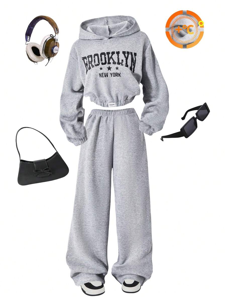Sparklyn 2 件套青少年女孩休闲运动装，麻灰色，短款连帽衫和阔腿裤套装，温暖校园风格，街头日常穿着 - 淺灰色 - 查看 1