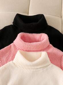 SHEIN 3件套 少女休闲罗纹针织刺绣蝴蝶结高领修身T恤，加厚保暖内衬，秋冬女童套头衫 - 彩色 - 查看 3