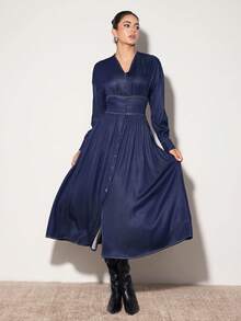 Modelyn 女士休闲V领宽松腰部单排扣前开式连衣裙，适合春秋季日常通勤 - 藏蓝色 - 查看 1