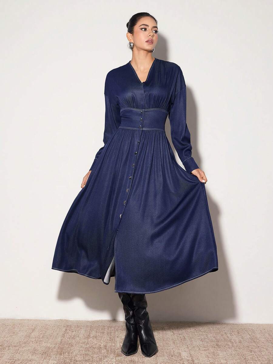 Modelyn 女士休闲V领宽松腰部单排扣前开式连衣裙，适合春秋季日常通勤 - 藏蓝色 - 查看 1