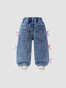 SHEIN 女婴牛仔裤，秋冬新款浅蓝色水洗Y2K风格，可爱蝴蝶结装饰，宽松阔腿，舒适纯棉，松紧腰带，适合休闲外出穿着。 - 淺色水洗藍 - 查看 2
