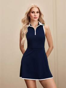 SHEIN Cheerettes 女士休闲运动撞色领无袖连衣裙运动连衣裙