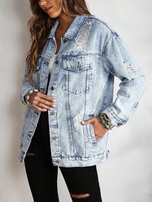 EMERY ROSE 纽扣蓝色前盖口袋落肩牛仔夹克 - 淺色水洗藍 - 查看 3