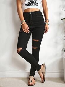 EMERY ROSE Jeans pitillo negros con bolsillos sesgados y rotos - Negro - Ver 4
