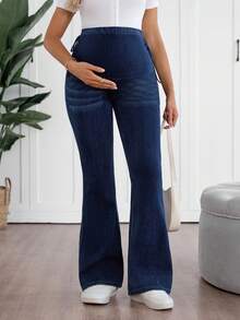 SHEIN 孕妇纯色系腰时尚喇叭百搭夏季牛仔裤 - 藍色 - 查看 5