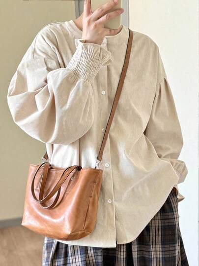 FRIFUL 女式杏色纯色圆领落肩长袖袖口抽绳灯芯绒面料宽松休闲百搭衬衫，秋季