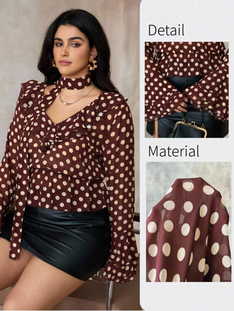 Roveilla Camicetta elegante e alla moda con scollo a V e stampa a pois per donne taglie forti - Castano - Visualizzare 1