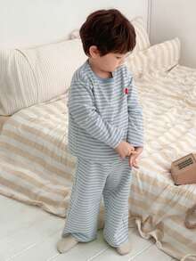 DAZY 2pcs Toddler Boys' Casual Striped Loose Fit Comfortable Round Neck T-Shirt And Relaxed Fit Pants Pajama Set - Baby Blue - View 7