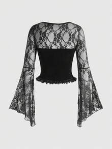 ROMWE Top à manches évasées avec col carré en velours, patchwork et dentelle, style gothique vintage d'Halloween pour femmes