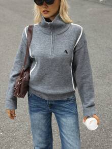 Chiquease Women's Dark Grey Knight Pattern Half-Zip Patchwork Striped Sweater - Dark Grey - View 5