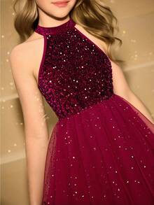 Girls' Round Neck Sleeveless Sequin Contrast Mesh Elegant Short Front Long Back Party Dress, Suitable For Christmas, Halloween - Red - View 4